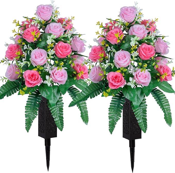 DONODA 2 Sets of Artificial Cemetery Flowers， Outdoor Grave Decorations Roses，Accompanied by 2 Long Nail Vases，Lasting and Non-Bleed Colors. (18 Heads (Pink+Light Pink))