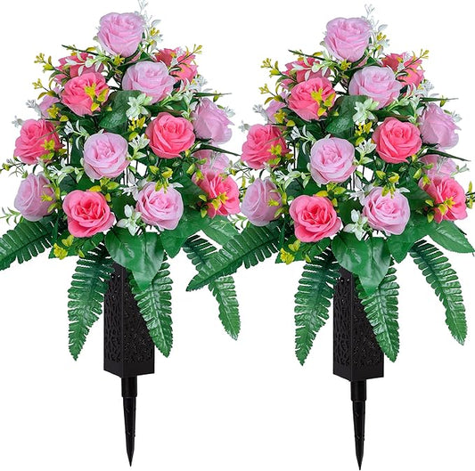 DONODA 2 Sets of Artificial Cemetery Flowers， Outdoor Grave Decorations Roses，Accompanied by 2 Long Nail Vases，Lasting and Non-Bleed Colors. (18 Heads (Pink+Light Pink))