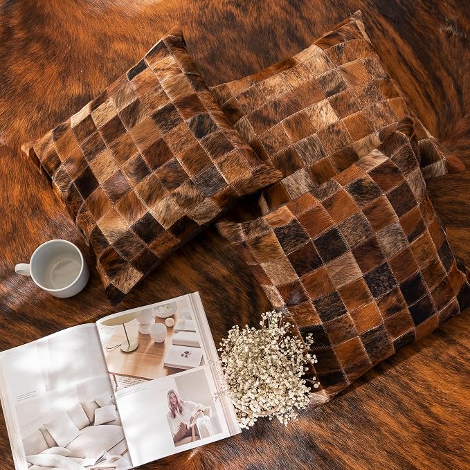ecowhides 100% Genuine Brazilian Cowhide Patchwork Pillow – Brindle Handcrafted Design – Single-Sided – Luxury Leather Decorative Cushion for Rustic & Western Home Décor – 15” x 15”
