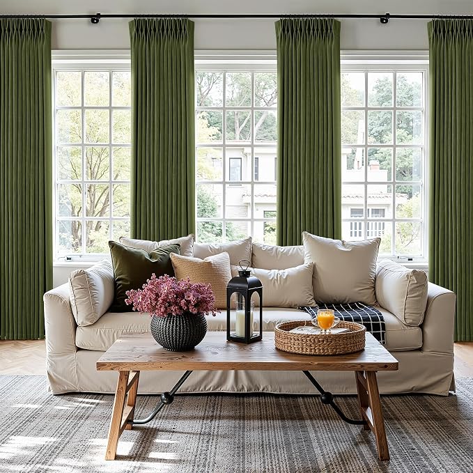 Olive Green Pleated Linen Curtains 80 Inches Long for Living Dining Room Bedroom Light Filtering Boho Window Drapes 2 Panels with Hooks Rings Clips Sliding Glass Door Semi Sheer Curtain Pinch Pleat