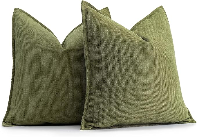 ZWJD Olive Green Pillow Covers 16x16 Set of 2 Chenille Throw Pillow Covers with Elegant Design Soft and Luxurious Decorative Throw Pillows for Couch, Bed, and Home Decor