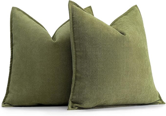 ZWJD Olive Green Pillow Covers 16x16 Set of 2 Chenille Throw Pillow Covers with Elegant Design Soft and Luxurious Decorative Throw Pillows for Couch, Bed, and Home Decor