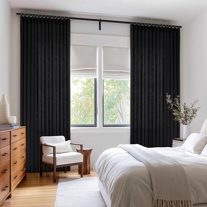 Black Pinch Pleated Semi Sheer Linen Curtains 72 Inch Long for Bedroom | Flax Faux Textured, Light Filtering Privacy, Bay Window Balcony, Hook Rings Memory Shape Pleat, Luxury Elegant, Room Divider