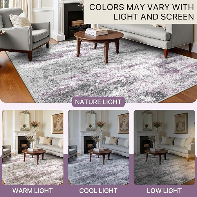 BEIMO Area Rugs 6x9 for Living Room Bedroom, Modern Abstract Machine Washable Rug, Large Soft Low Pile Floor Carpet with Non Slip Backing for Dining Room, Grey/Purple