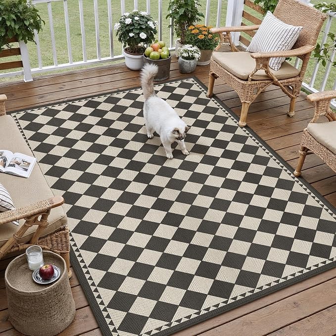 HUGEAR 5x8 Outdoor Rug Black/Beige Linen-Look Fabric Checkered Area Rug High Traffic Stain Resistant Easy Clean Durable Rugs for Indoor/Outdoor Patio Deck Balcony Porch Garden Courtyard