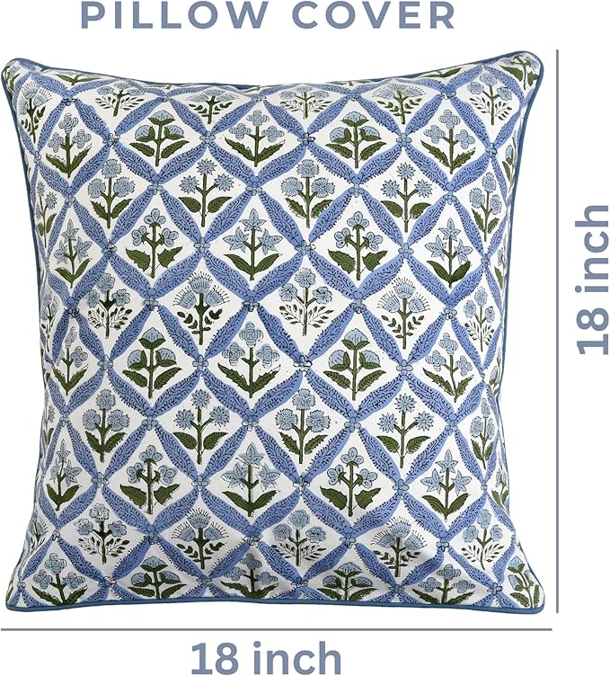 Ridhi Block Print Light Steel Blue Pillow Cover 18" x 18" (Pack of 2) Decorative Couch Pillows for Living Room, Chic Boho Cute Outdoor Pillows Covers Gifts for Spring, Easter and Valentine