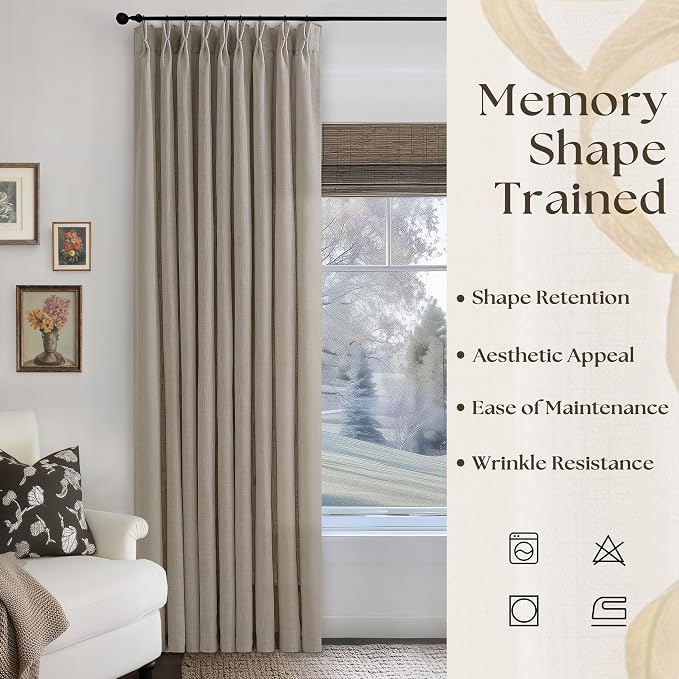 Pinch Pleated Linen 96 Inch Curtains 60 Inch Width for Living Room Divider Light Filtering Thick Burlywood Birch Linen Extra Wide Patio Curtains for Sliding Door Floor to Ceiling Window 1 Panel