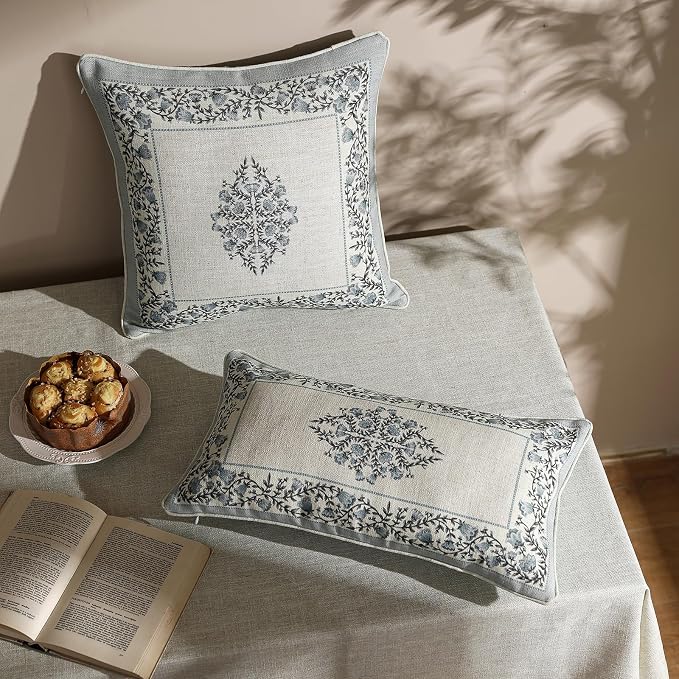 ISAENNE Designer Linen Throw Pillow Cover,Set of 2,18"x18"-Segerman A | Elegant Chinoiserie Square Pillow Cover,Concealed Zipper Design,Floral Pattern,Sofas,Bedroom,Living Room,Lounge Chairs