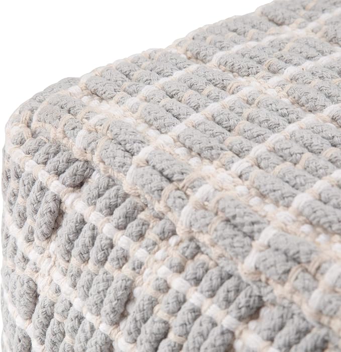 SIMPLIHOME Noreen Square Pouf - 18 inch Wide Upholstered Handwoven Cotton Ottoman in Light Blue and White, Boho Footstool or Extra Seating for Living Room with Polystyrene Filling, Assembled