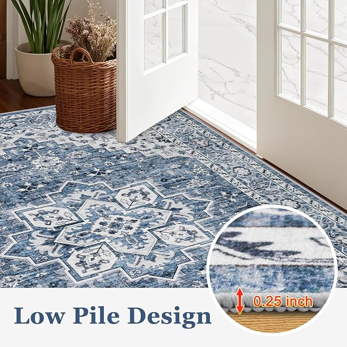 Round Area Rug for Living Room: 4 ft Washable Vintage Boho Soft Thin Circle Rug Indoor Floor No Slip Stain Resistant Carpet for Bedroom Dining Room Farmhouse Nursery Home Office - Blue