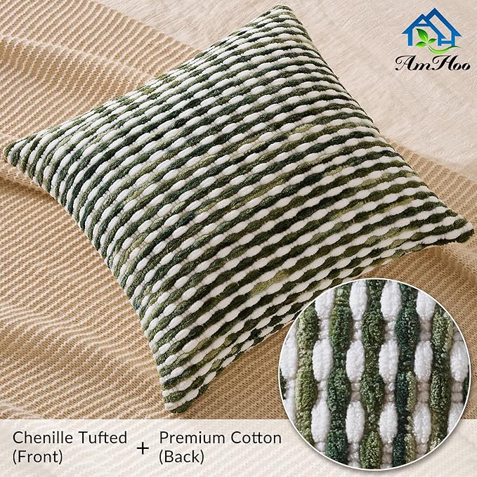 AmHoo Boho Chenille Pillow Cover Decorative Tufted Pillowcase for Couch Bed Sofa Bedroom Living Room Modern 20 x 20-Inch Sage Green