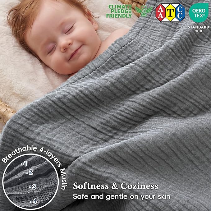 David's Home Soft Muslin Blanket King Size for Adults, 60% Rayon 40% Cotton, Breathable Lightweight Cooling Blanket for Hot Sleepers, 4-Layer Cozy Gauze for Bed, 108"x90", Grey