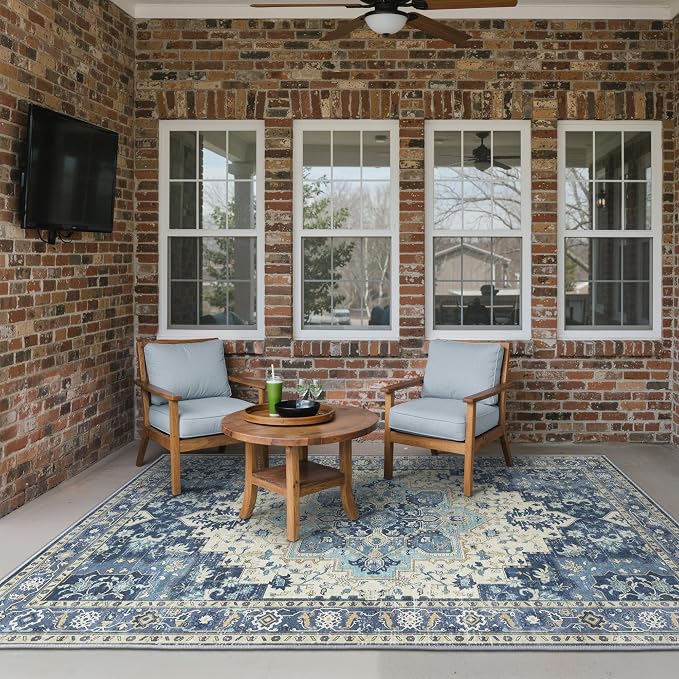GENIMO Outdoor & Indoor Area Rug 6'x9', Waterproof, Non-Shedding, Easy Cleaning, Boho Mat for Patio, Living Room, Balcony, Dining Room, RV, Deck, Bedroom, Camping, Outside Carpet,Center Blue