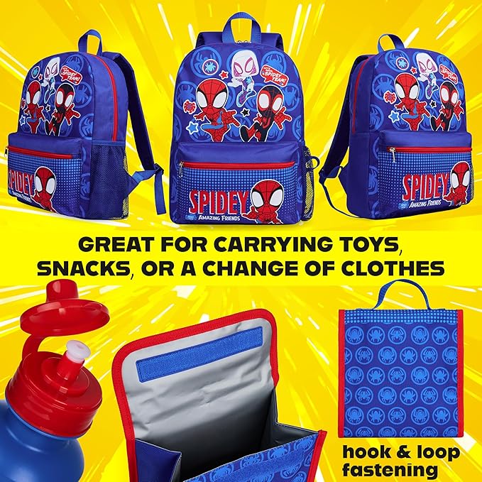 Marvel Spiderman Backpack Set 4 Pcs Water Bottle Pencil Case Lunch Bag or Wallet Key Ring School Supplies Gifts for Kids (Spidey)
