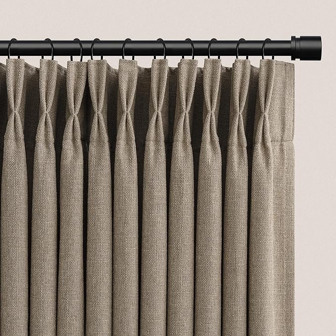 Dark Flax Pinch Pleated Linen Curtains 84 Inch Length 2 Panels for Living Room Bedroom Farmohuse Memory Trained Pinch Pleat Back Tab Light Filtering Semi Sheer Light Brown Drapes 84 Inches Long