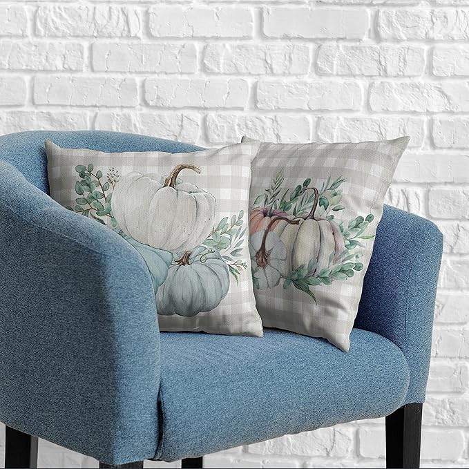 Fall Thanksgiving Pillow Covers 18x18 Set of 2 Watercolor Blue Pink Pumpkin Throw Pillow Covers Grey Plaid Autumn Farmhouse Pillow Case Harvest Decorations for Couch Outdoor Patio