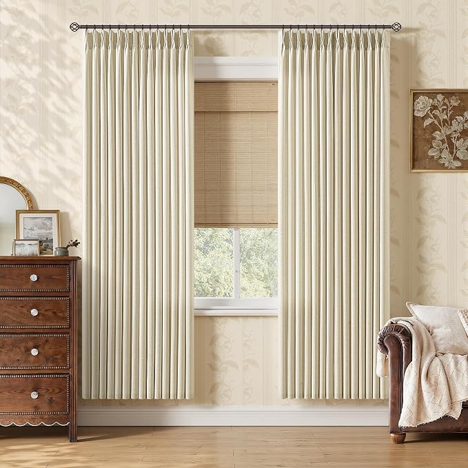 72 Inch Pinch Pleated Linen Curtains for Dining Room Bedroom Neutral Light Filtering Privacy Short Pleat Curtains with Hooks Rings Cream Beige Back Tab Drapes for Cabin Closet 72 Inches Long 2 Panels