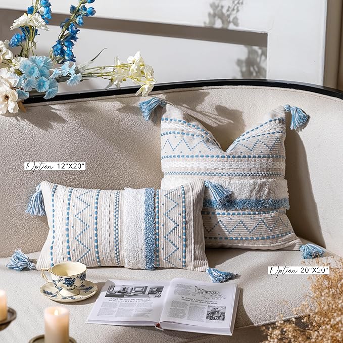 BlissBlush Decorative Throw Pillow Covers 20x20 Combo Set of 2 Square Coastal Blue Boho Accent Pillowcase Tassels Farmhouse Cushion for Couch Sofa Bedroom Living Room Home Décor Cover ONLY