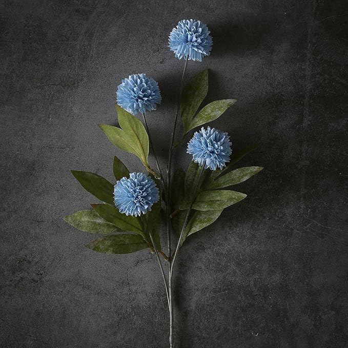 VIERENA 12 Pcs Faux Silk Pompon Mum Artificial Flowers for Vase -27", Bulk Fake Chrysanth Branches with Stems for DIY Bouquet Centerpieces Wedding Fillers Arrangements Shower Decorations (Dusty Blue)