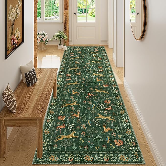 DUKINO 3x10 Washable Runner Rug for Hallway, Lightweight Loog Kitchen Rug with Low Pile Design, Vintage Animal Non Shedding Thin Indoor Carpet for Entryway, Bathroom, Bedroom, Laundry Room, Green