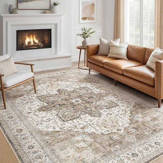 Tortania Area Rug Living Room Rugs - 12x15 Washable Boho Rug Vintage Oriental Distressed Farmhouse Large Thin Indoor Carpet for Living Room Bedroom Under Dining Table Home Office - Brown