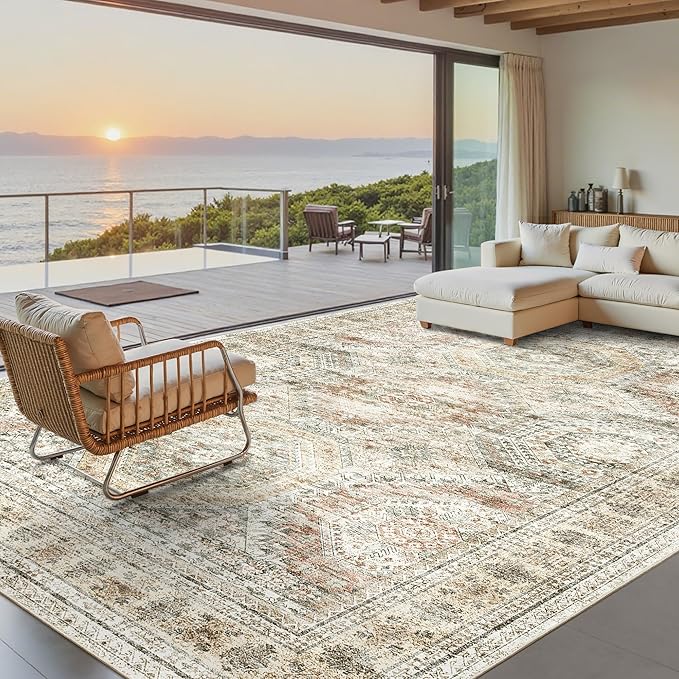 Soalmost 9x12 Area Rugs for Living Room, Non Slip Machine Washable Vintage Rugs, Low Pile Lightweight Large Rug for Bedroom, Dining Room, Home Office Brown Pink
