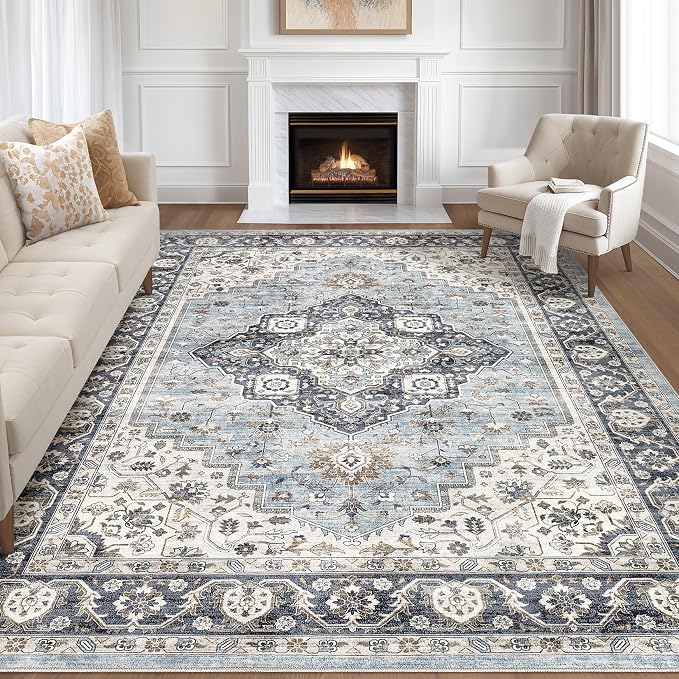 7x9 Area Rug Living Room: Washable Boho Large Neutral Vintage Soft Rugs Stain Resistant Farmhouse Non-Slip Indoor Floor Carpet for Bedroom Nursery Kids Playroom Office Dining Room- Blue Tan