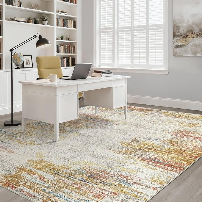 9x12 Area Rugs Living Room: Washable Large Neutral Rug Abstract Soft Modern Stain Resistant Indoor Floor Non-Slip Carpet for Bedroom Nursery Kids Classroom Playroom Dining Room Office- Gold Colorful