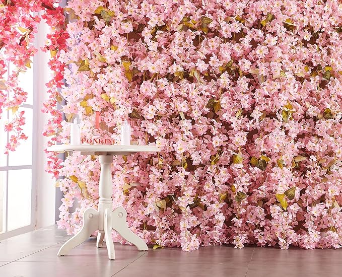 PONKING Flower Garland, Artificial Hydrangea Vine Flowers, Hanging Fake Hydrangeas Vine for Room Anniversary Wedding Birthday Christmas Wall Arch Decor, 2 Pcs, Floral Garland, Light Pink Flower