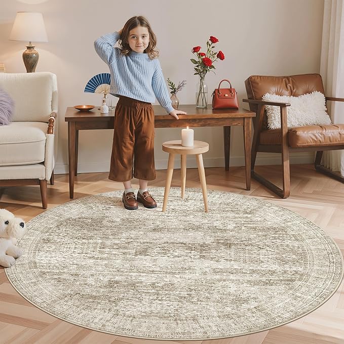 Soalmost 6x6 Brown Round Rug 6ft Living Room Circle Rug Vintage Round Area Rug Non Slip Indoor Carpet for Dining Room Bedroom