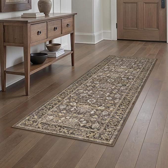 2x6 Brown Washable Vintage Runner Rug for Living Room Soft Floral Non Slip Runner Area Rug Modern Low Pile Stain Resistance Carpet Doormat Hallway Kitchen Stair Bedroom Bathroom