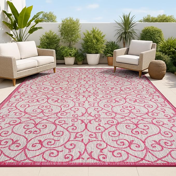 JONATHAN Y Vintage Filigree Indoor Outdoor Area Rug 8X10 Light Gray/Fuchsia, Madrid Textured Weave for Backyard, Patio, Porch, Easy-Cleaning, High Traffic, Pet-Friendly, Non-Shedding (SMB107I-8)