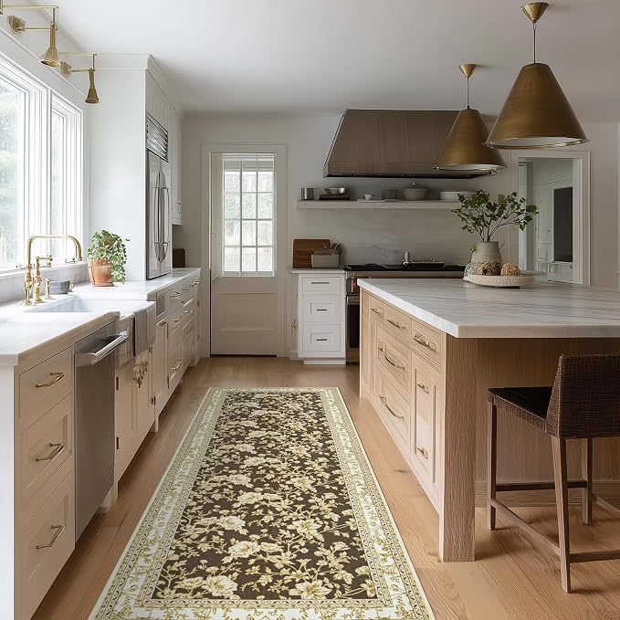 Brown Boho Washable 3x8 Extra Long Hallway Runner Rug, Extra Large Kitchen Floor Rug Indoor Entryway, Non-Slip Low Pile Machine Washable, Vintage Farmhouse Cream Beige Taupe Pattern Floral Design
