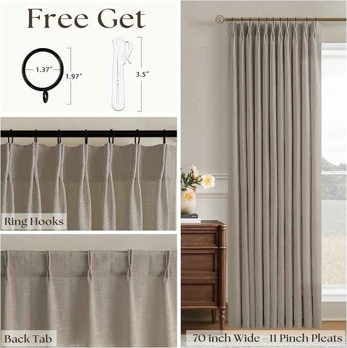 Burlywood Birch Pinch Pleated Linen Curtains 102 Inches Long 70 Inch Width Linen Light Filtering Window Curtains 102 Inch for Living Room Bedroom Patio Pinch Pleat Drapes Hooks Rings 1 Panel 70Wx102L