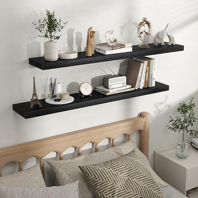 Fun Memories Floating Shelves for Wall, Rustic Wood Wall Mounted Shelves for Bathroom, Bedroom, Living Room & Kitchen, Storage Display Shelves, (Set of 2, Black, 48 in)