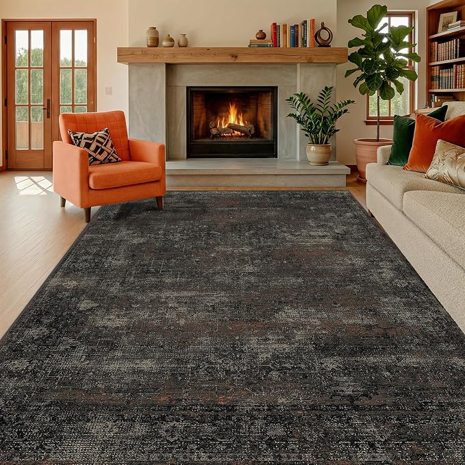 TALANOVA Black Washable 5x7 Area Rug for Living Room & Office, Modern Abstract Non Slip Low Pile Rug for Dining Room & Bedroom, Dark Charcoal Stain Resistant Farmhouse Décor
