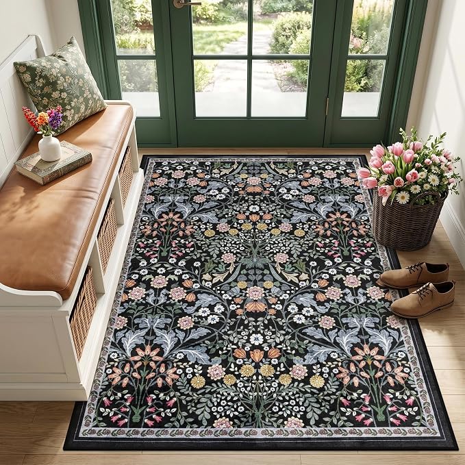 Area Rug Living Room Rugs: Floral 3x5 Washable Rug Vintage Soft Boho Non-Slip Carpet Indoor Floor Stain Resistant Large Carpets for Bedroom Dining Room Farmhouse Nursery Hallway Dark Black