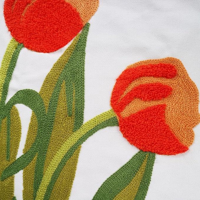 Embroidery Throw Pillow Cover 18x18 Home Decor Floor Pillow Cover for Couch Sofa Chair Best Gift 100% Cotton Floral Embroidered Cushion Cover Square Pillowcase 45x45cm Red Tulip, 1 Piece