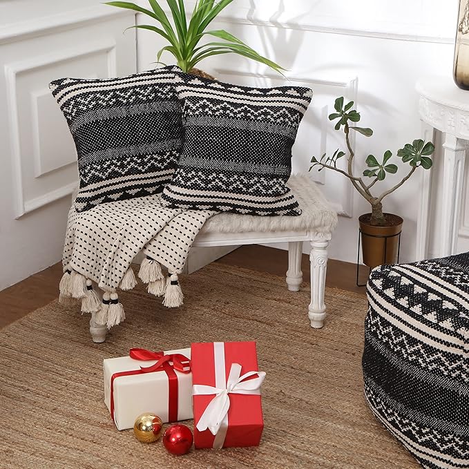 REDEARTH Handmade Boho Throw Pillow Covers - Bohemian Chic Farmhouse Style - Accent Woven Indoor and Outdoor Pillow Cushion Cases for Couch - Bed - Sofa – Set of 2-18"x18" - Ziggurat Obsession Black