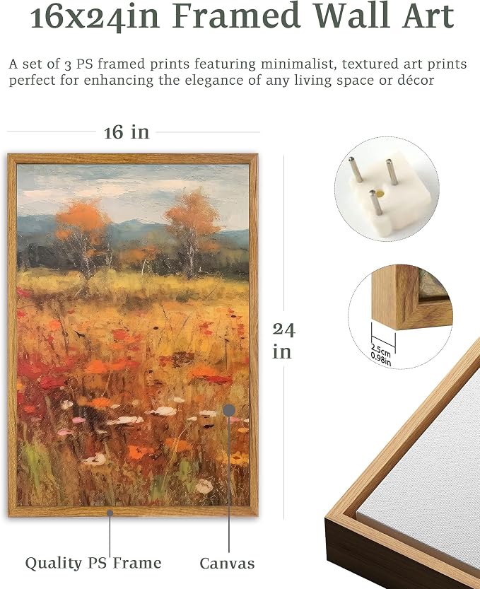 UPWOIGH Autumn Meadow Framed Wall Art, 16 x 24 Inch, Set of 3 | Golden Wildflower Meadow Prints, Warm Autumn Landscape Design, Light Wood Frames for Living Room, Dining Room and Office