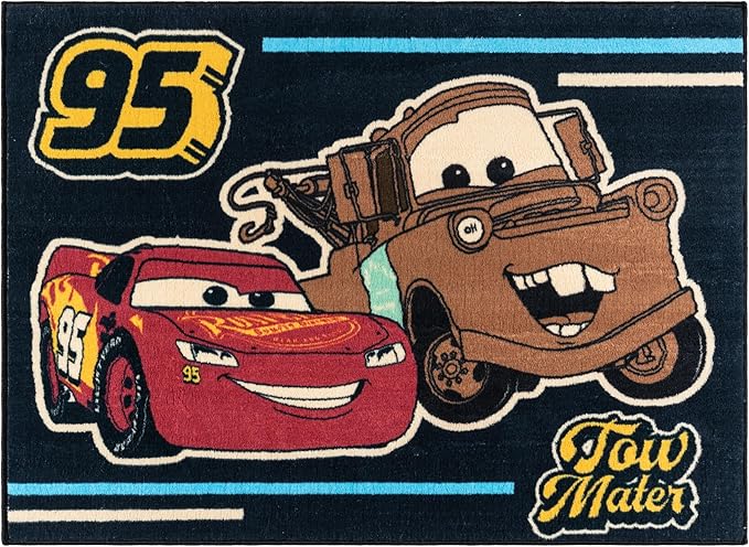 Gertmenian Disney Pixar Cars Indoor Area Rug - 3x5 Small, Non-Slip, Ideal for Children in Bedroom, Game Room, Classroom, Nursery or Play Area - Tow Mater Friends, Brown/Blue, 28024