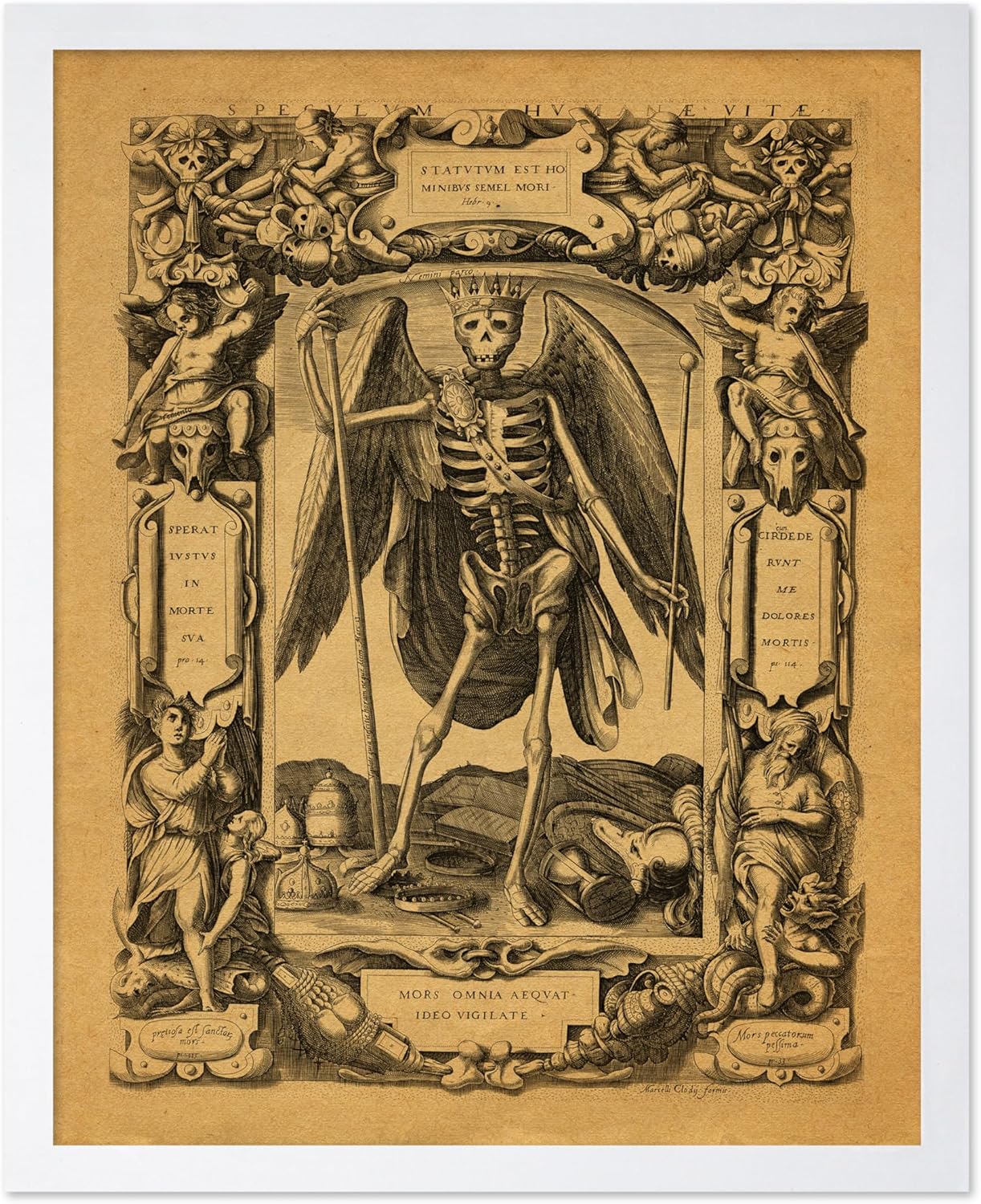 Poster Master Vintage Medieval Poster - Retro Gothic Print - Gift for Artist, Friend - Angel of Death, Memento Mori, Life, Skeleton, Dark - Wall Decor for Home, Living Room, 8x10 White Framed