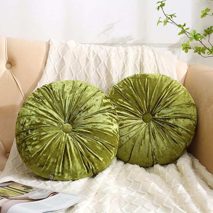 Verpert Pack 2：Round Floor Cushions Pillow, Solid Color Velvet Meditation Cushion Pumpkin Pleated Meditation Pillow for Home Sofa Bed Car Decor Floor Pillow Cushion Green