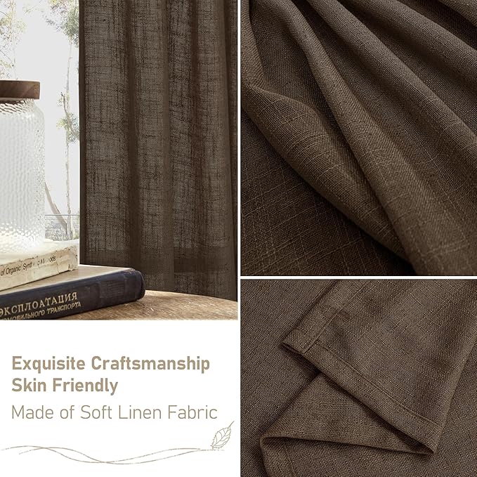 LAMIT Dark Brown Sheer Linen Curtains, 96 inch Light Filtering Semi Sheer Panels Back Tab and Rod Pocket Farmhouse Drapes for Bedroom/Living Room, 2 Panels, 52 x 96 Inch