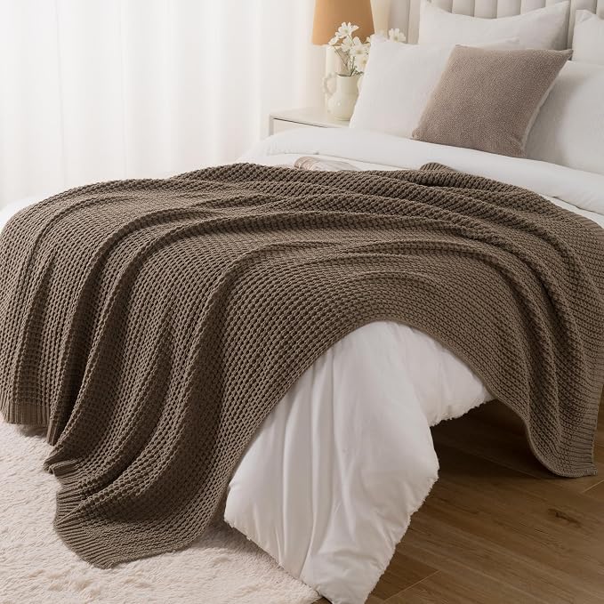 Bunnikins & Clover Knitted Waffle Throw Blanket 60x80 Inches, Camel Tan Throw Blanket for Couch, Tan Blanket Fluffy Cozy Knit Soft Throws for Women Mothers Birthday Gifts