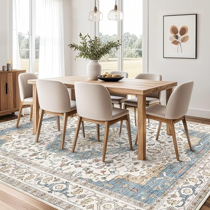 Area Rug for Living Room - 9x12 Soft Washable Oriental Vintage Floral Distressed Large Carpet - Fade Stain Resistant Non Slip Rugs for Bedroom Dining Room Nursery Dorm Office Home Decor - Blue/Beige