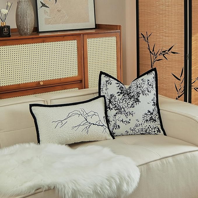 Croker Horse 20x20'' inches Throw Pillow Cushion Covers - Black Embroidery Pine Tree Luxury Modern Style with Tassel Couch Sofa Pillow Cover for Living Room Bedroom