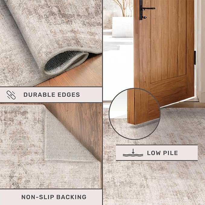 Hazo Haus 2x6 Washable Bathroom Runner Rug, Non Slip Low Pile Runner with Rubber Backing for Hallway, Kitchen and Entryway, Beige Tan Modern Farmhouse Home Decor