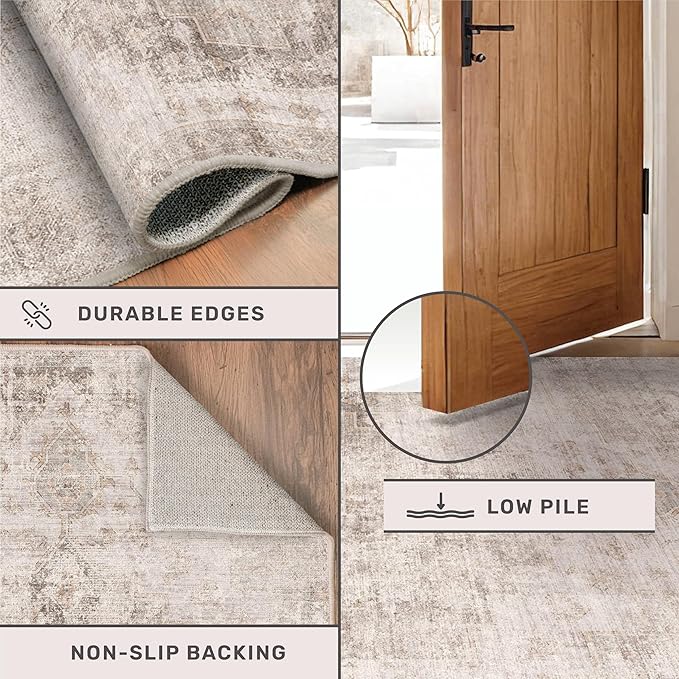 Washable 4x6 Area Rug for Entryway Indoor, Living Room, Kitchen, Bedroom Bedside - Stain-Resistant Non-Slip with Rubber Backing, Unique Floral Aesthetic Décor, Light Brown & Beige