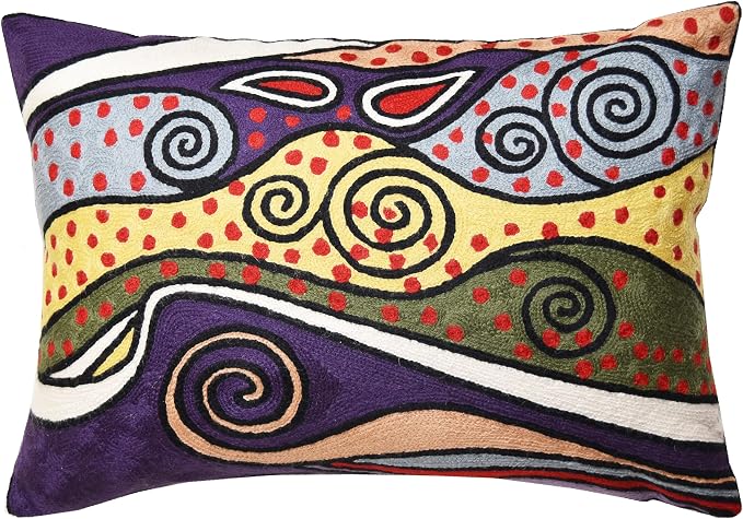 Lumbar Cushion Cover Hand Embroidered Wool 13x21 (Purple Night Sky Pillow Cover)